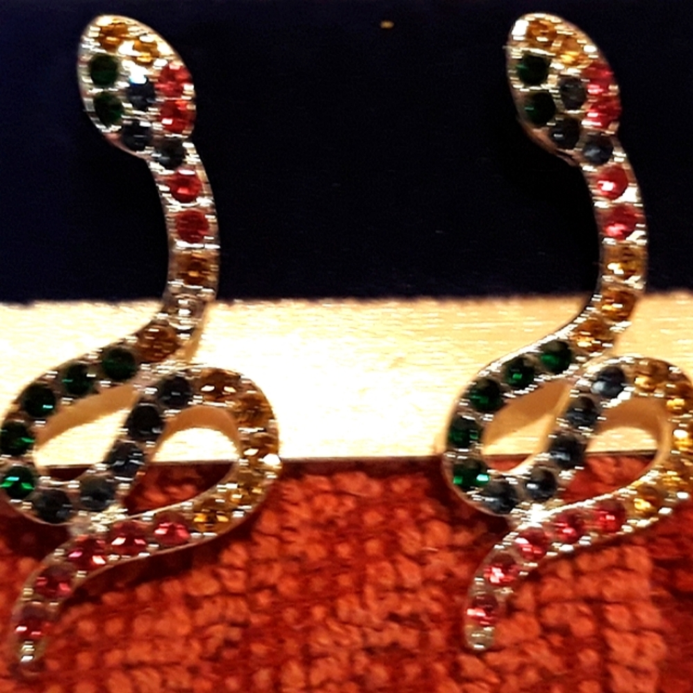 Snake Earrings Gold Rhinestone Crystal Colorful Stud serpent reptile earring NEW